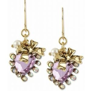 Betsey Johnson Gold Tone Pink Crystal Heart & Bow Pearl Bow Drop Earrings